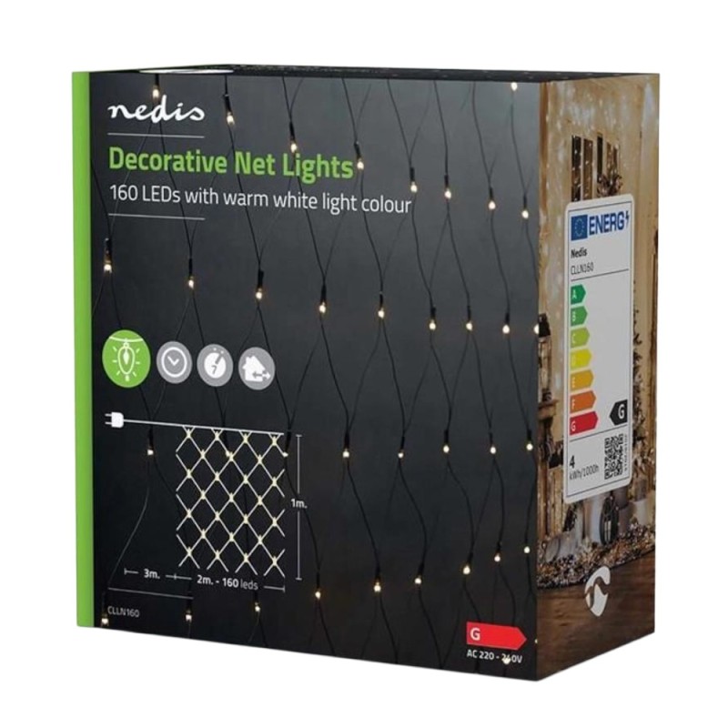 Ghirlanda Luminoasa Decorativa Nedis, 160 LED-uri, Alb Cald, Plasa 2 x 1 m