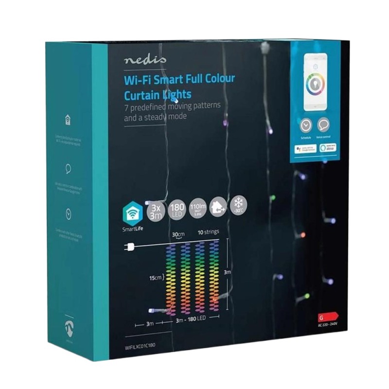 Ghirlanda Luminoasa Decorativa Smart Wi-Fi Nedis, 180 LED-uri, RGB, 3 m, Android / iOS
