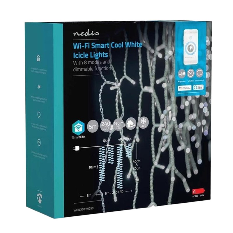 Ghirlanda Luminoasa Decorativa Smart Wi-Fi Nedis, 240 LED-uri, Alb Rece, 5 m, Android / iOS