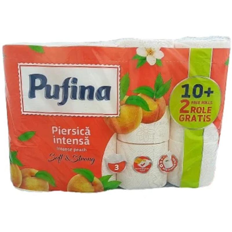 Hartie Igienica, Pufina Lux, 3 Straturi, Piersica, 10 + 2 Role/Set