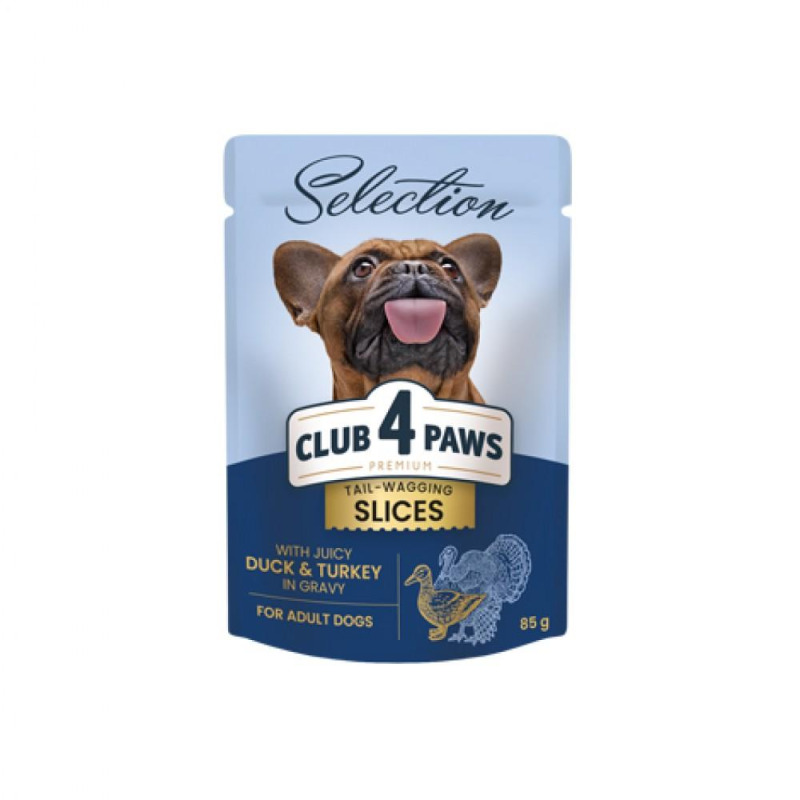 Hrana Caini Club 4 Paws, Premium Plus, Rase Mici, Bucati cu Rata si Curcan in Sos, 85 g