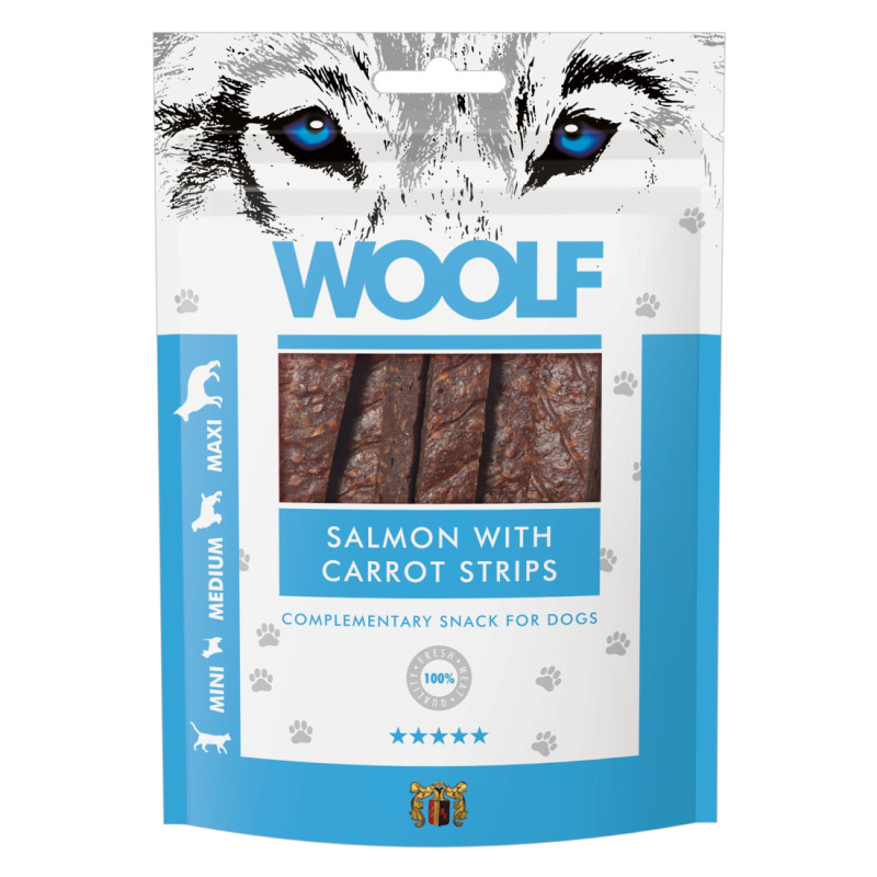 Hrana Caini Woolf, Snack cu Somon si Fasii de Morcov, 100 g