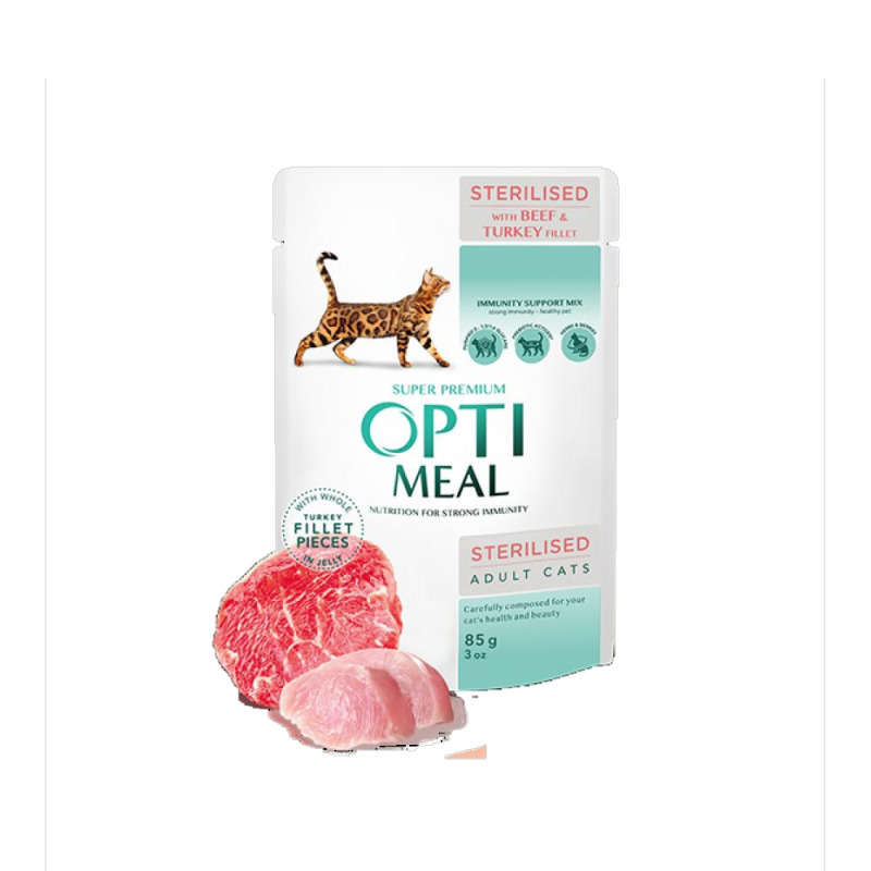 Hrana Pisici Sterilizate Optimeal, cu Vita si Curcan File in Jeleu, 85 g