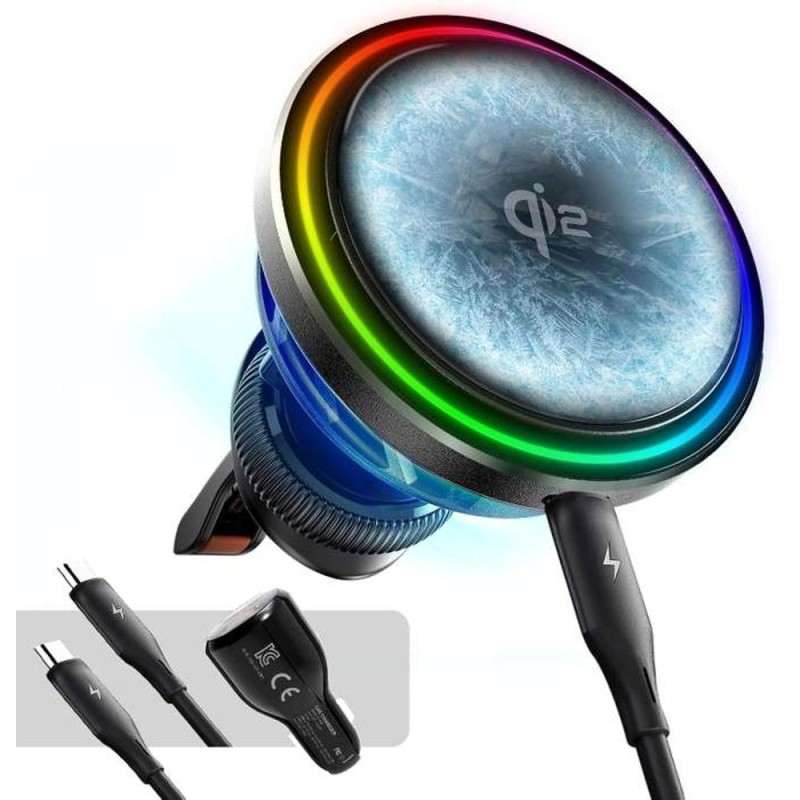 Incarcator Auto Wireless Magnetic, 15W Qi2, Compatibil Iphone, Prindere Ventilatie, USB-C, Negru