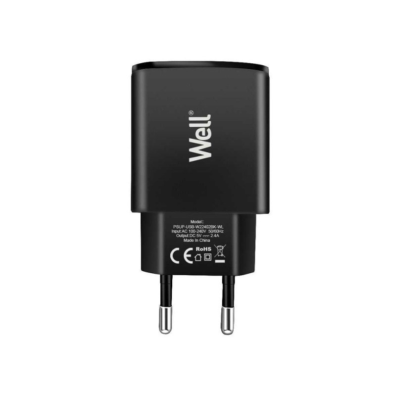 Incarcator Retea USB 230V, 2 Iesiri 2.4A, Negru, Well