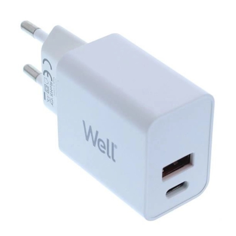 Incarcator Retea Well, 1 x USB-A QC3.0, 1x USB-C PD 30W, Alb, Polybag