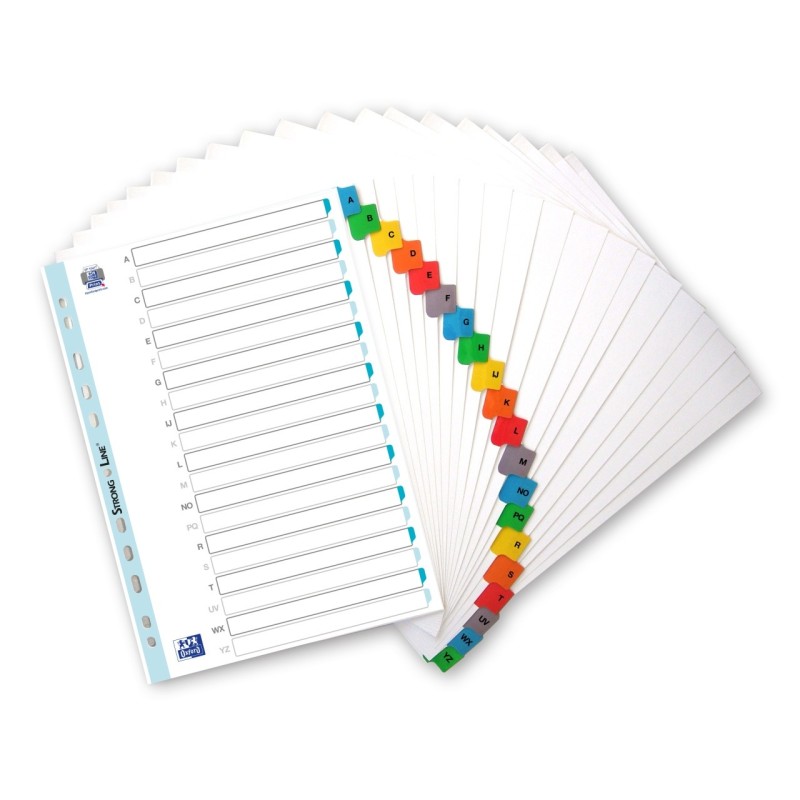 Index Carton Afabetic Oxford A4 A-Z, 20 File / 170 g / mp, 11 Perforatii pentru Indosariere + Cuprins, Alb cu Margine Color