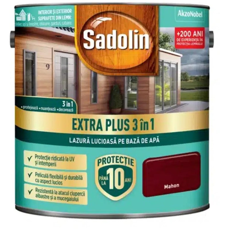 Lazura 3 in 1 Lucioasa, pe Baza de Apa Sadolin, Extra si, 0.75 l, Mahon