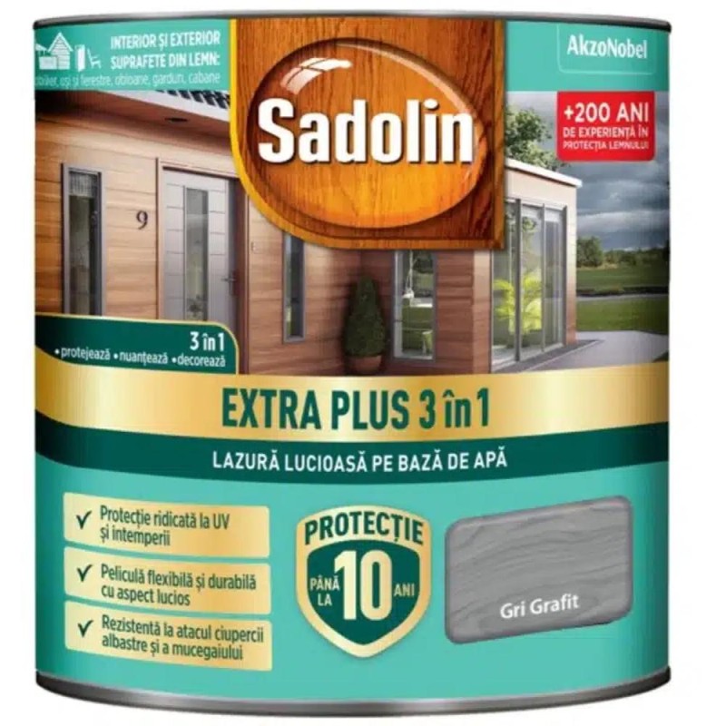 Lazura 3 in 1 Lucioasa, pe Baza de Apa Sadolin, Extra si, Gri Grafit 0.75 l