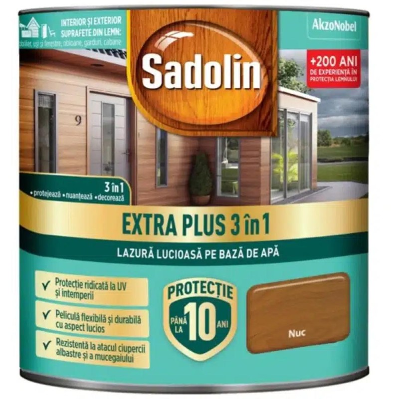 Lazura 3 in 1 pe Baza de Apa Sadolin, pentru Lemn, Lucioasa, 0.75 l, Nuc