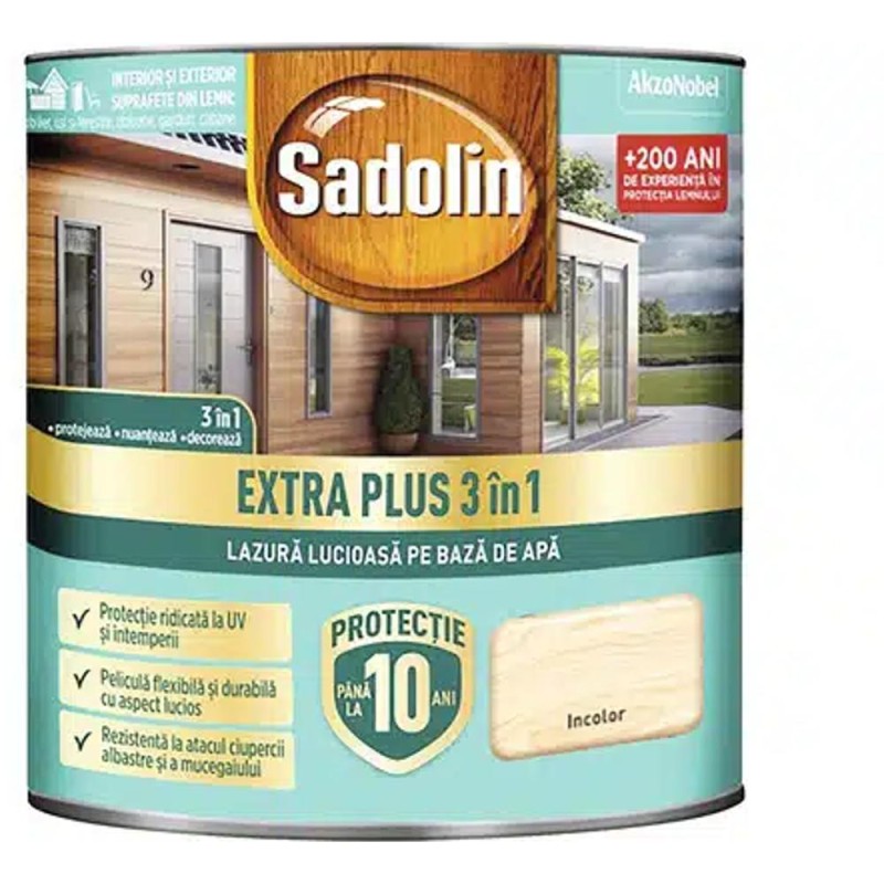 Lazura pentru Lemn Sadolin, 3 in 1 Lucioasa pe Baza de Apa 0.75 l, Incolor