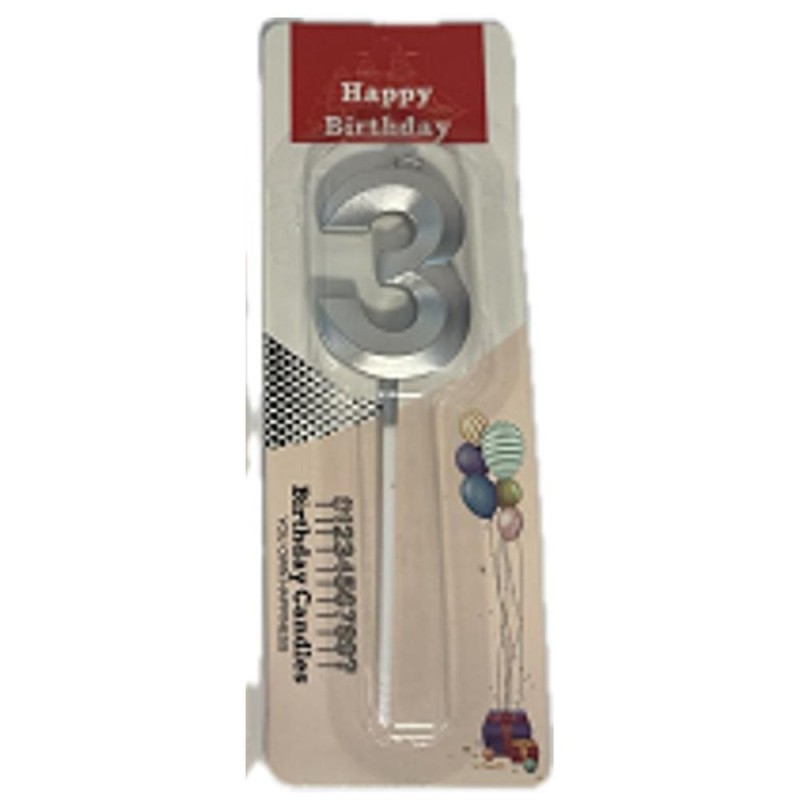 Lumanare Aniversara pentru Tort, Cifra 3, Argintiu