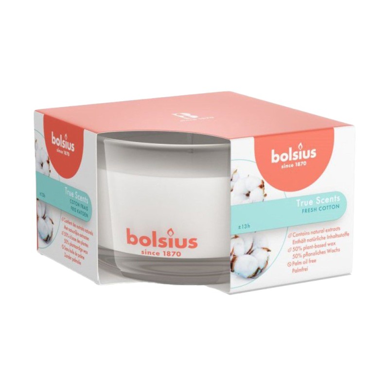 Lumanare Parfumata Bolsius True in Pahar Mic, Fresh Cotton Ambalaj