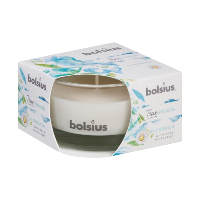 Lumanare Parfumata Bolsius True in Pahar Mic, in Balance Ceai Alb si Menta