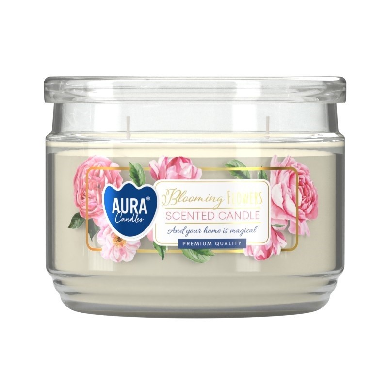 Lumanare Parfumata cu Doua Fitile si Capac Aura, Flori Inflorite, Timp Ardere 30 Ore, Alb, 280 g