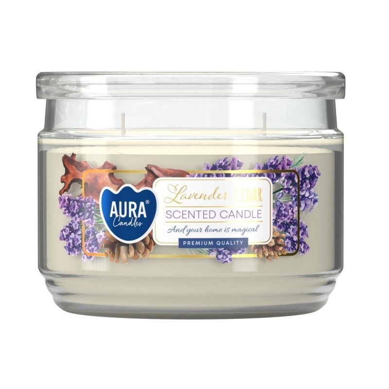 Lumanare Parfumata cu Doua Fitile si Capac Aura, Lavanda si Cedru, Timp Ardere 30 Ore, Alb, 280 g