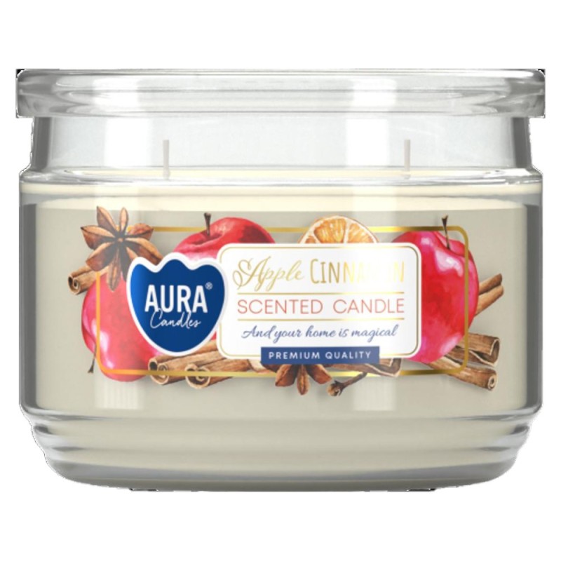 Lumanare Parfumata cu Doua Fitile si Capac, Mar si Scortisoara, 30 Ore, Alb, 280 g