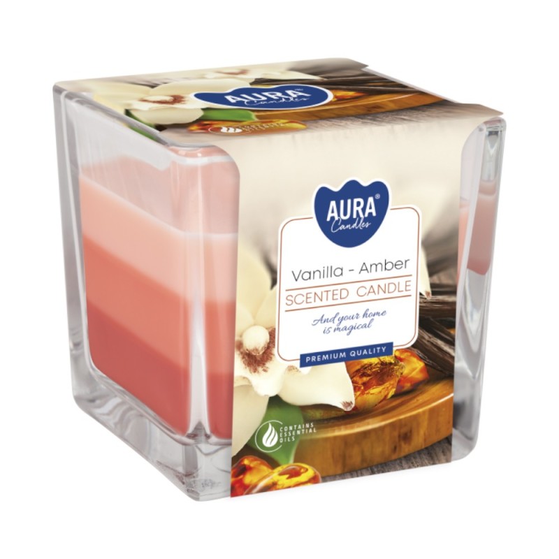 Lumanare Parfumata in Pahar in Trei Culori, Bispol, Vanilie si Chihlimbar