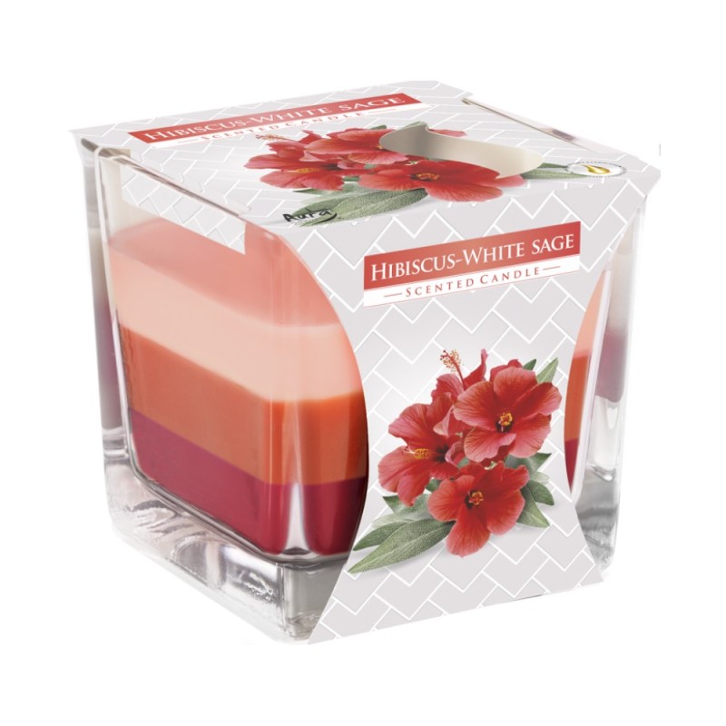 Lumanare Parfumata in Pahar in Trei Culori Hibiscus si Salvie Alba, 32 Ore