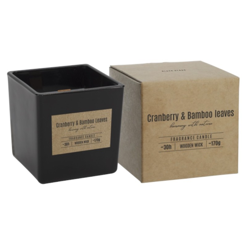 Lumanare Parfumata in Pahar Negru cu Fitil de Lemn, Bispol, Merisor-Frunze Bambus