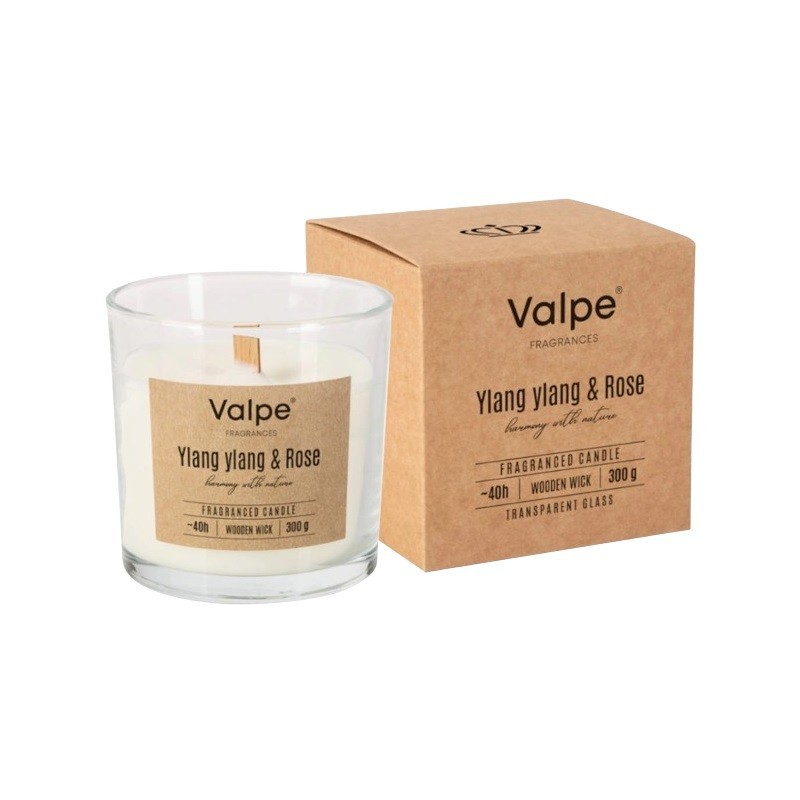 Lumanare Parfumata in Pahar Rotund Bispol, Ylang Ylang & Roses, Fitil Lemn, Timp Ardere 40 Ore, Transparent, 300 g