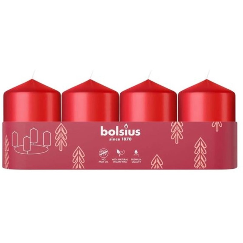Lumanare Stalp, 60 x 40 mm, 7 Ore, Rosu, Bolsius, 4 Bucati