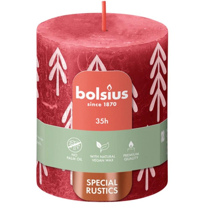 Lumanare Stalp Rustic cu Print, 80 x 68 mm, Rosu Deschis, Bolsius