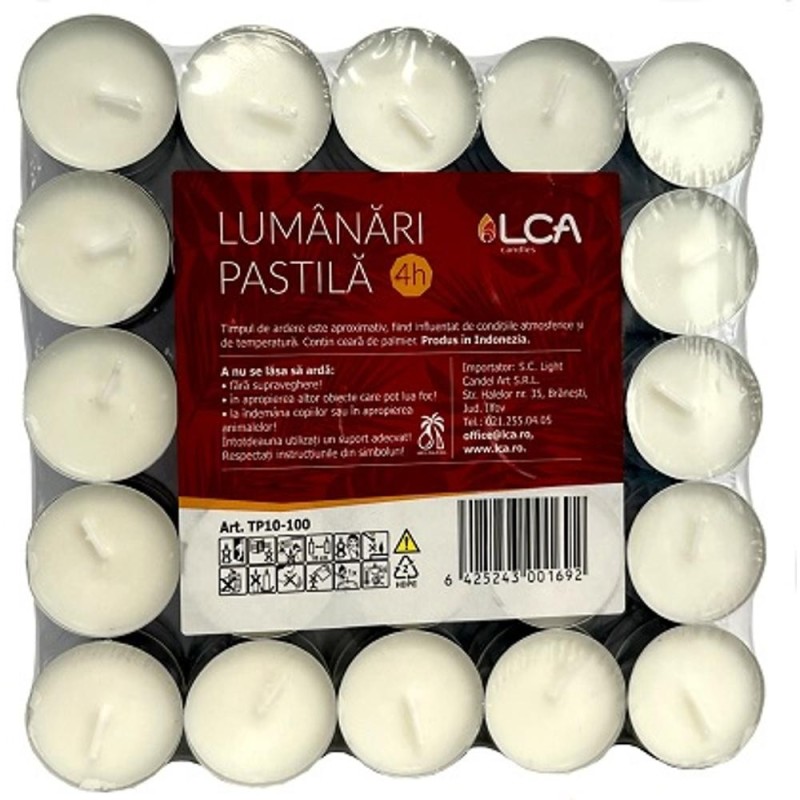 Lumanari Pastila din Parafina Vegetala, Albe, 4 Ore, 100 Bucati