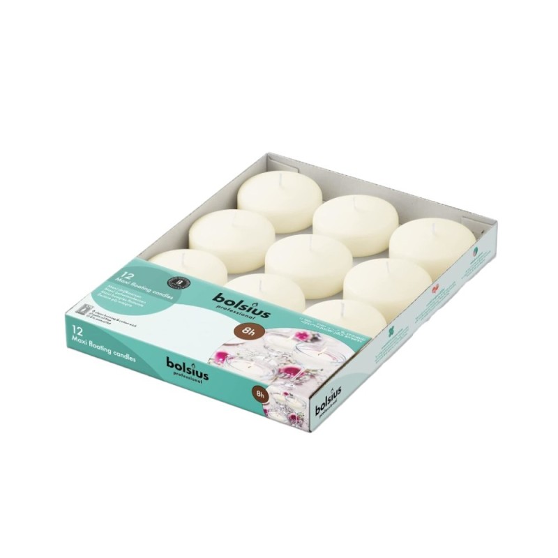 Lumanari Plutitoare Maxi, 77 x 29 mm, 8 Ore, Crem, 12 Bucati