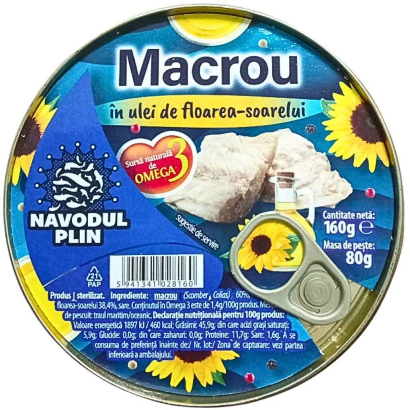 Macrou in Ulei Floarea Soarelui, Navodul Plin, 160 g