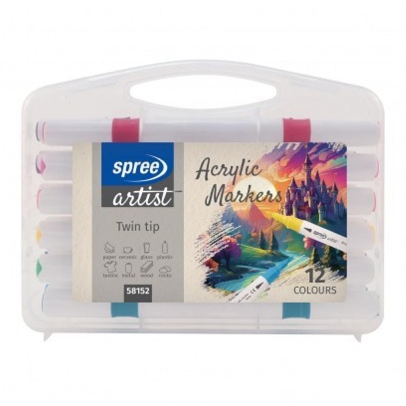 Markere cu Vopsea Acrilica, Set de 12 Culori, 2 Capete, in Cutie cu Maner