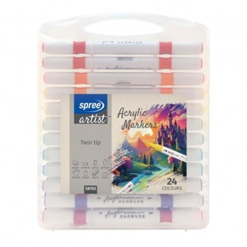 Markere cu Vopsea Acrilica, Set de 24 Culori, 2 Capete, in Cutie cu Maner