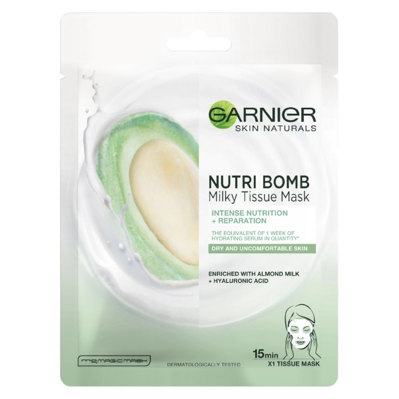 Masca Servetel Garnier Skin Naturals Nutri Bomb, cu Lapte de Migdale si Acid Hialuronic, pentru Ten Uscat, 28 g