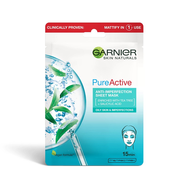 Masca Servetel Garnier Skin Naturals Pure Active Anti-imperfectiuni si Hidratare, 23 g