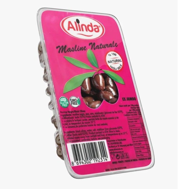Masline Naturale Negre Alinda Jumbo, Caserola, 200 g