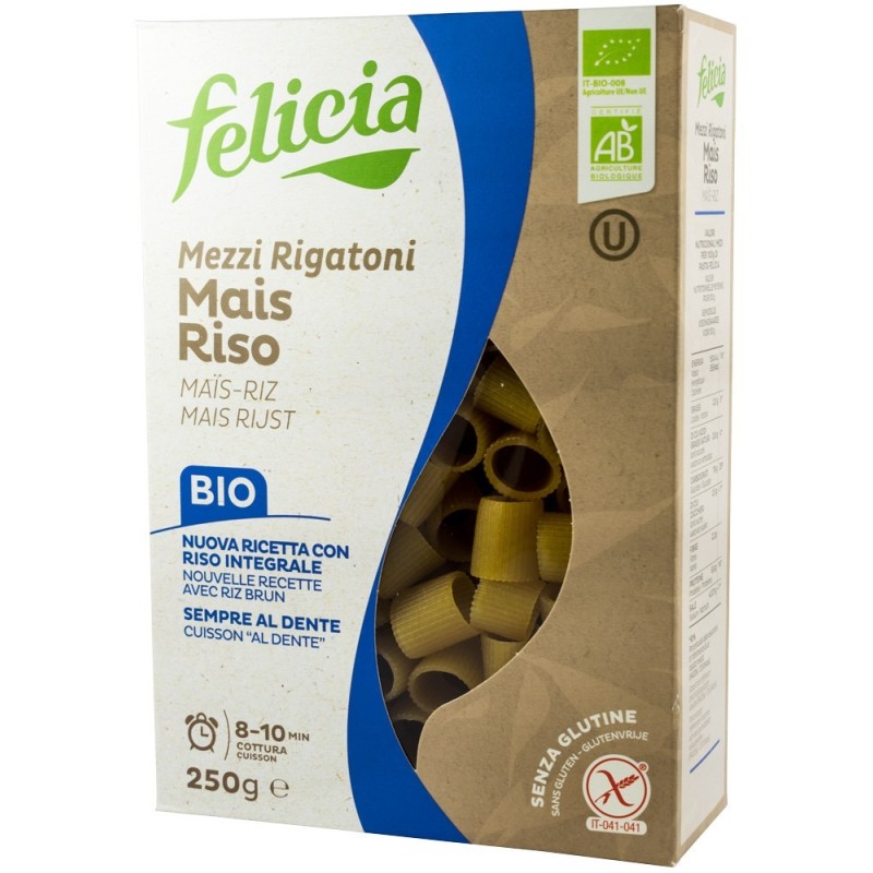 Mezzi Rigatoni Bio din Faina de Porumb si Orez, 250 g, Felicia