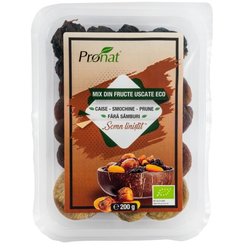 Mix de Fructe Uscate Bio Somn Linistit, Caise, Smochine si Prune, fara Samburi, 200 g, Pronat