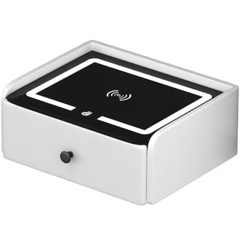 Noptiera Inteligenta Incarcare Wireless, Iluminare LED, 1 Sertar Depozitare, Alba, din Sticla si Lemn Smart Heater