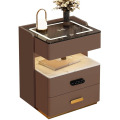 Noptiera Inteligenta, Incarcare Wireless, LED, 3 Sertare, Senzor Lumina, Difuzor Bluetooth, Maro, Sticla Lemn, Smart Heater