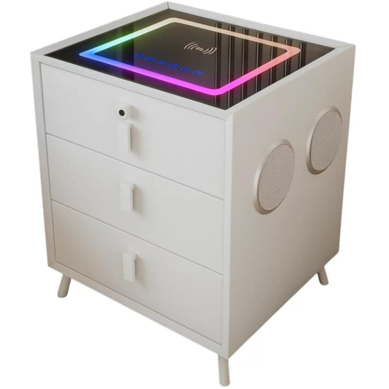 Noptiera Inteligenta Incarcare Wireless si Iluminare LED, Alb, 3 Sertare Depozitare, Difuzor Bluetooth Smart Heater