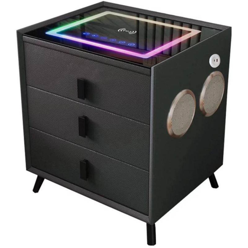 Noptiera Inteligenta Incarcare Wireless si Iluminare LED Negru, 3 Sertare Depozitare, Difuzor Bluetooth Smart Heater