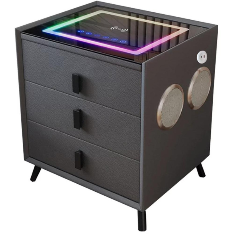 Noptiera Inteligenta Wireless si Iluminare LED, Gri Antracit, 3 Sertare Depozitare, Difuzor Bluetooth Smart Heater