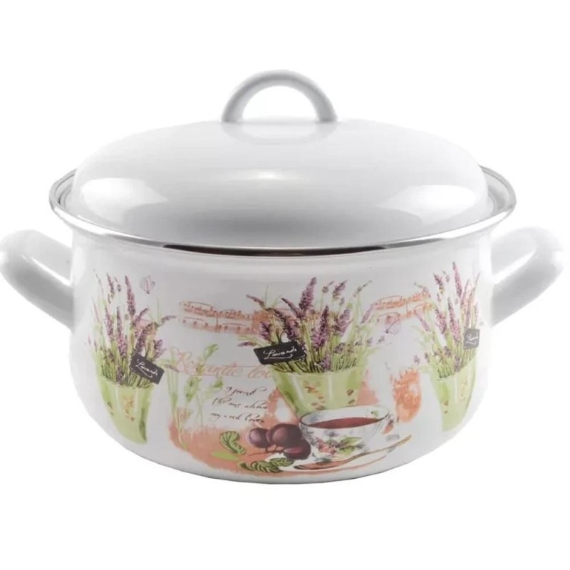 Oala Emailata cu Capac din Sticla, Lavanda, 20.5 cm, 2.4 l, Perfect Home