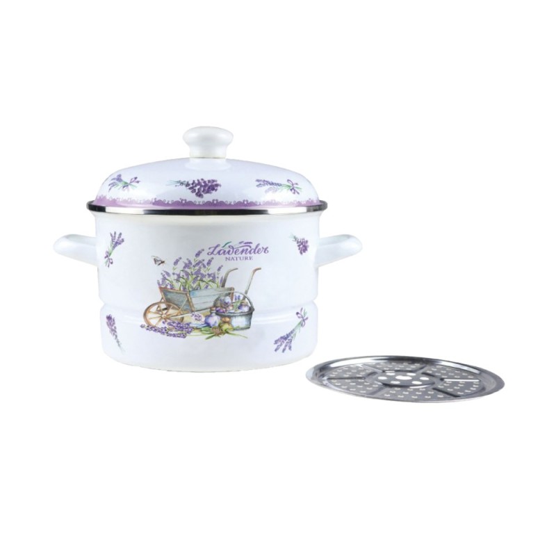 Oala Emailata cu Capac si Sita Metalica, 24 cm, 5 l, Alb / Mov, Grunberg, Model GR2462B