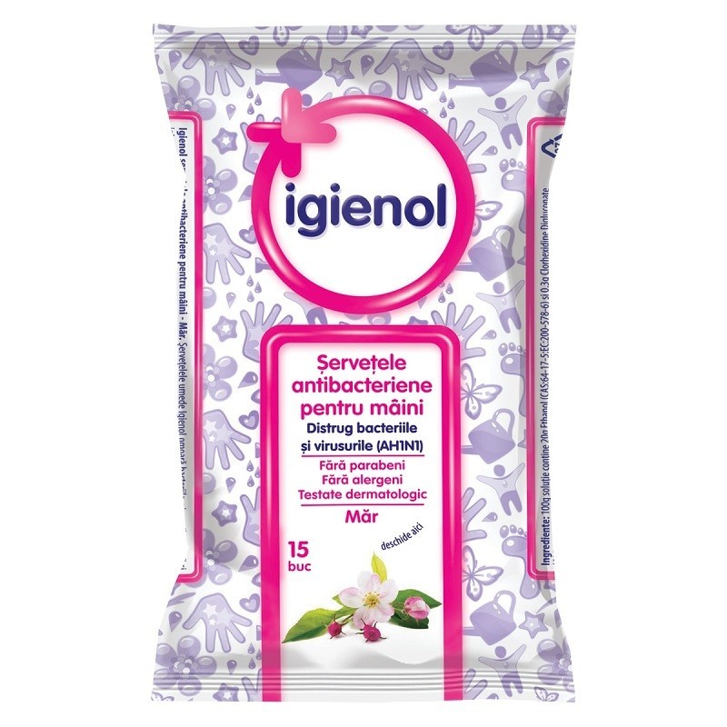 Pachet 5 x 15 Servetele Antibacteriene Igienol pentru Maini, Mar