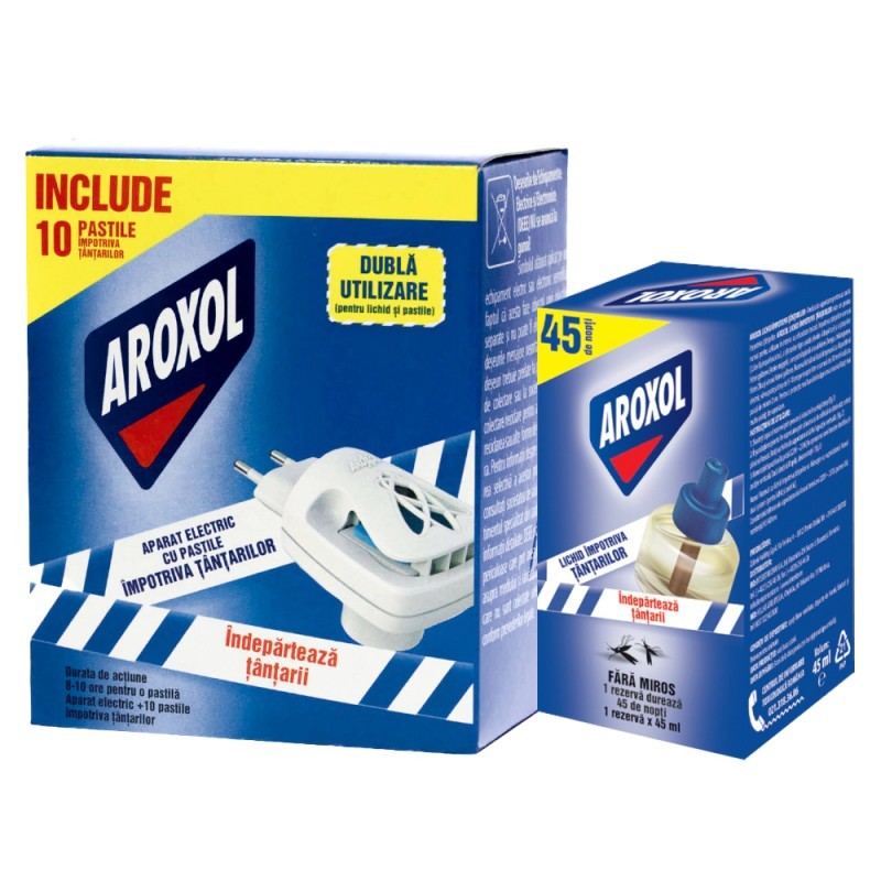 Pachet Aroxol Impotriva Tantarilor Aparat Electric Dubla Utilizare cu 10 Pastile si Rezerva Lichida, 45 ml