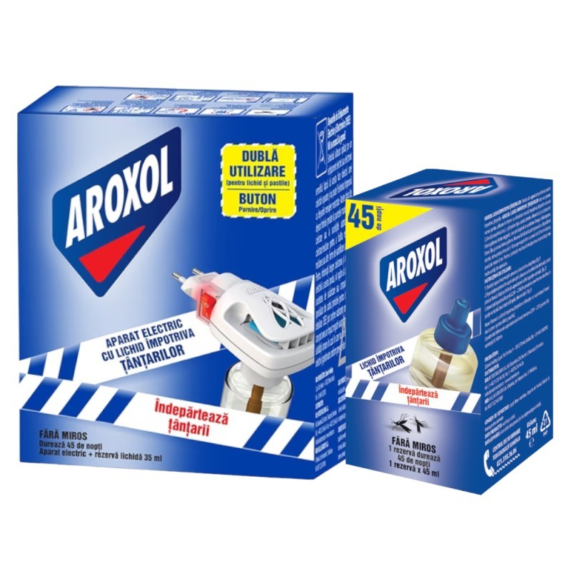 Pachet Aroxol Impotriva Tantarilor Rezerva Lichida, 45 ml si Aparat Electric Dubla Utilizare cu Rezerva Lichida, 45 Nopti, 45 ml
