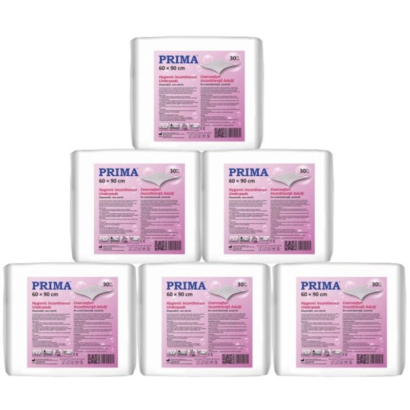 Pachet Cearceafuri pentru Incontinenta Prima, pentru Adulti, 60 cm x 90 cm, 30 Bucati/Set, 6 Seturi