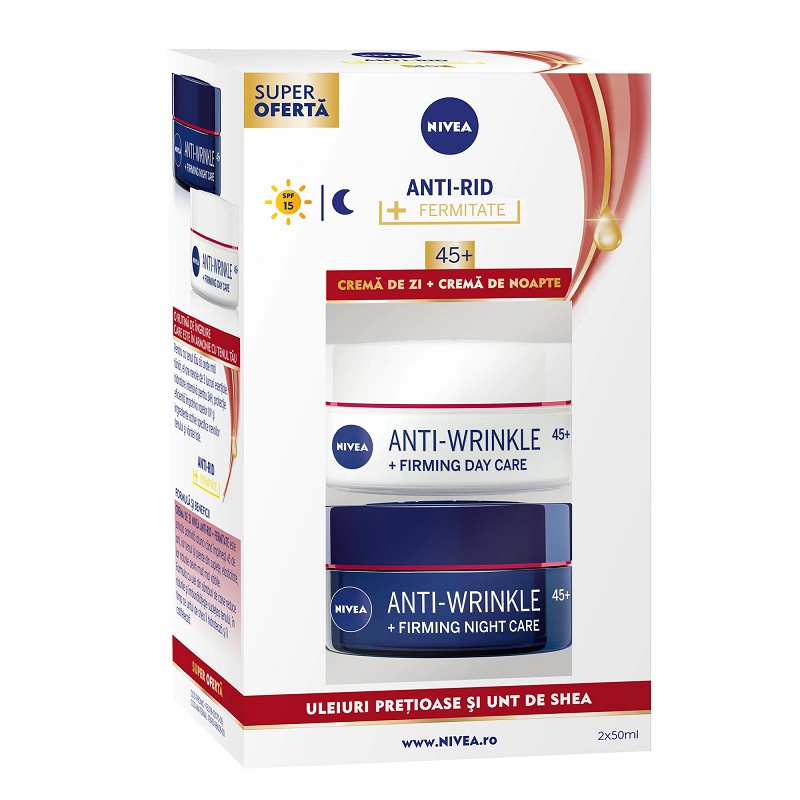 Pachet: Crema de Zi Nivea Antirid 50 ml + Crema de Noapte Nivea Antirid 50 ml, 45+