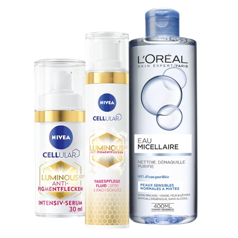 Pachet Crema Zi Contra Pete Pigmentare Nivea Cellular Luminous 40 ml, Ser Intensiv 30 ml Apa Micelara Ten Normal si Mixt 400 ml